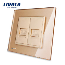 Livolo Gold Crystal Glass Panel VL-C792C-13 Wall 2 Gang RJ45 Ordenador / Internet Socket / Enchufe eléctrico